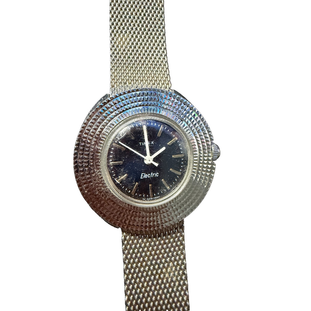 Vintage Timex Electric Women's Watch Silver Tone Mesh Band Black Dial W. Germany